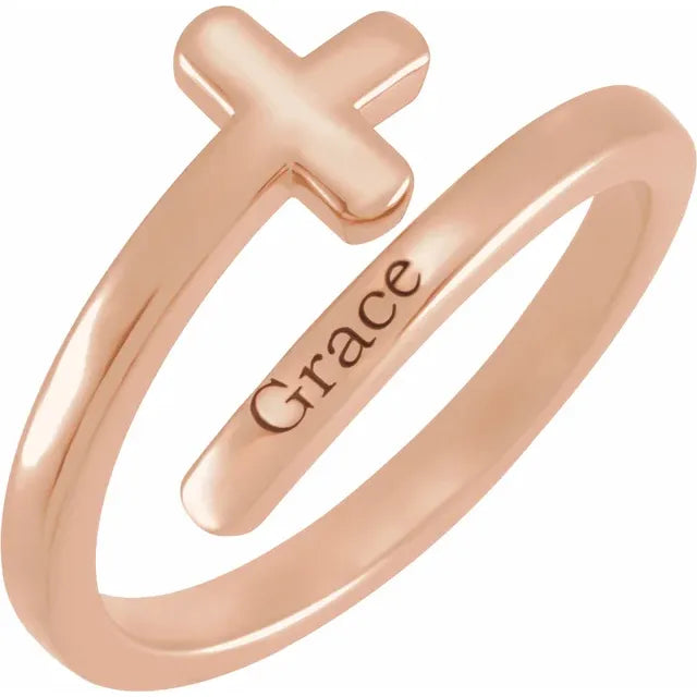 14K Rose Gold Engravable Sideways Cross Ring