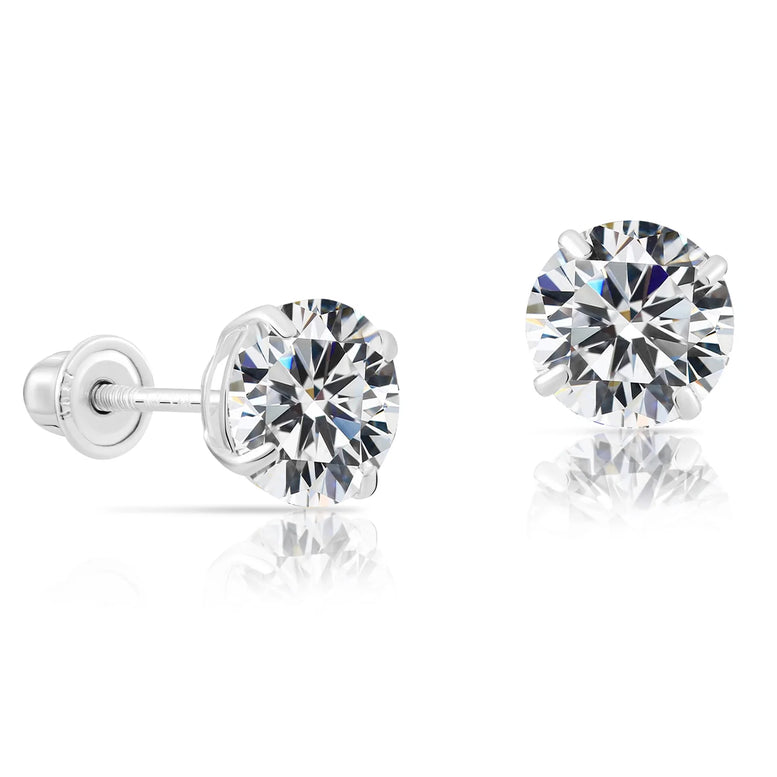 14k White Gold CZ Stud Earrings - Screwback