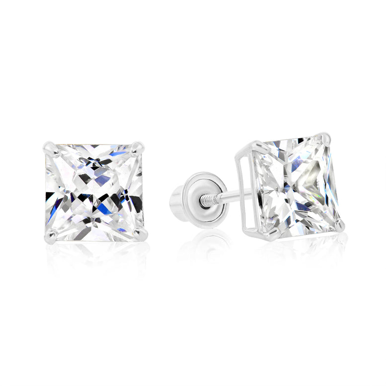 14k White Gold Square CZ Stud Earrings - Screwback