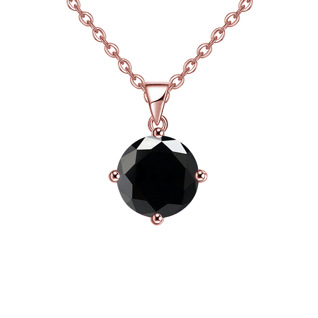 18K Rose Gold 1 Carat Created Black Sapphire Round Stud Necklace Plated 18 inch