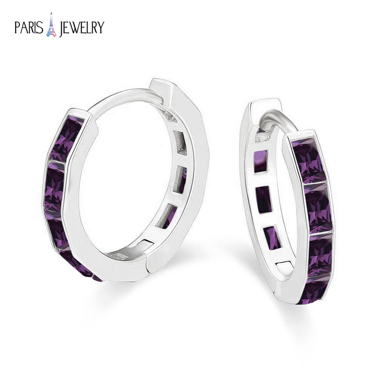 Paris Jewelry 18K White Gold Created Deep Amethyst 3Ct Emerald Cut Huggie Hoop Earrings Plated