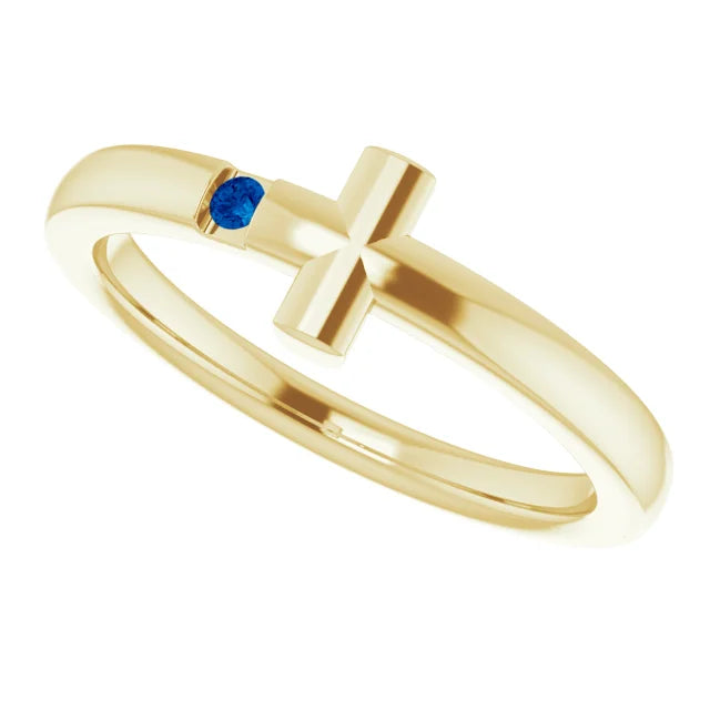 14K Yellow Gold Natural Blue Sapphire Youth Sideways Cross Ring