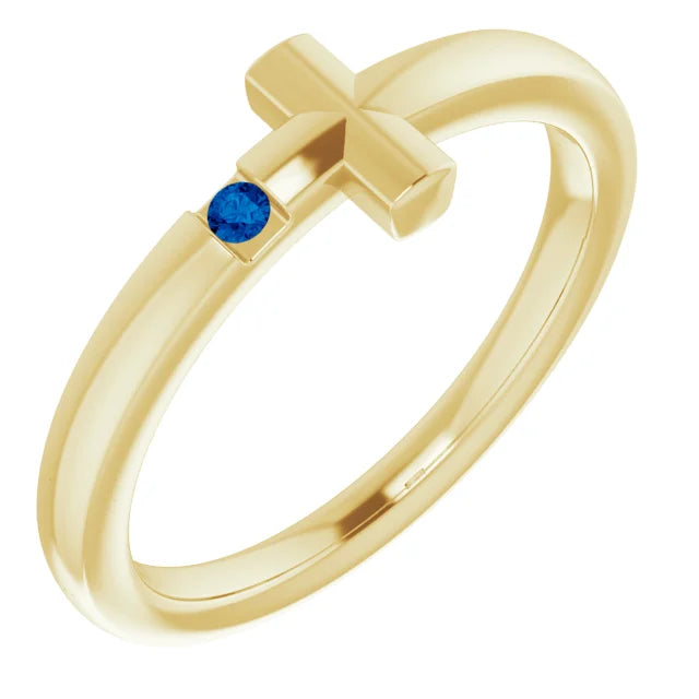 14K Yellow Gold Natural Blue Sapphire Youth Sideways Cross Ring