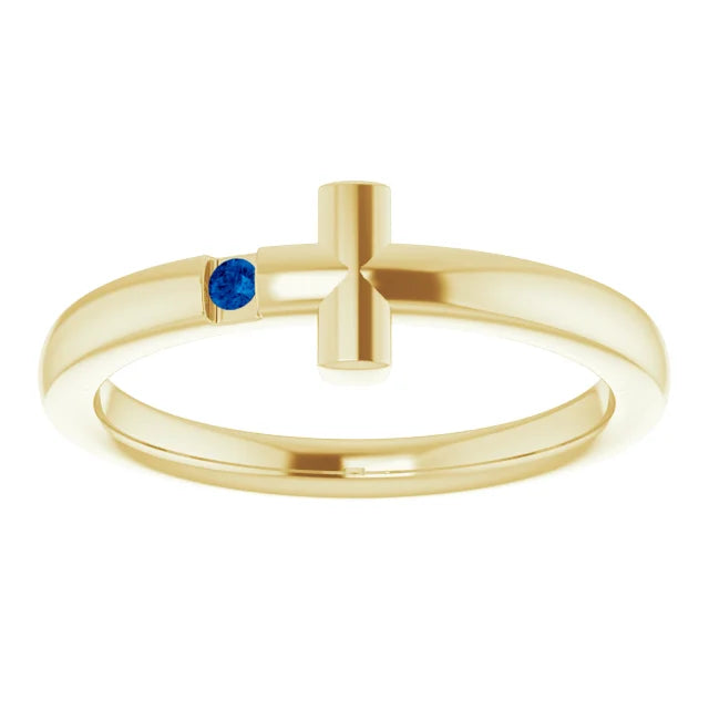 14K Yellow Gold Natural Blue Sapphire Youth Sideways Cross Ring