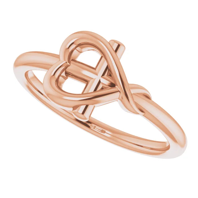 14K Rose Gold Cross with Heart Youth Ring