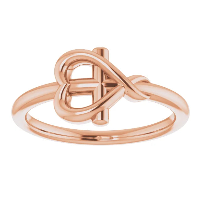 14K Rose Gold Cross with Heart Youth Ring