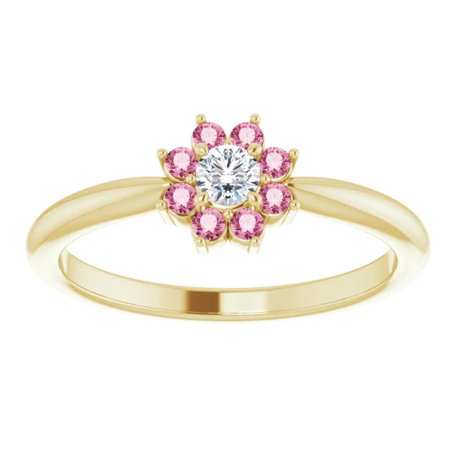 14K Yellow Gold Pink Tourmaline & .06 CT Diamond Flower Ring