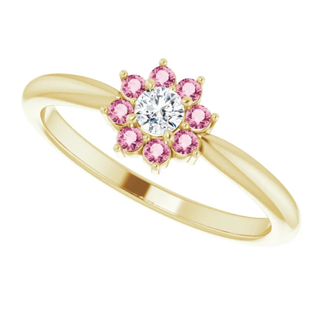 14K Yellow Gold Pink Tourmaline & .06 CT Diamond Flower Ring