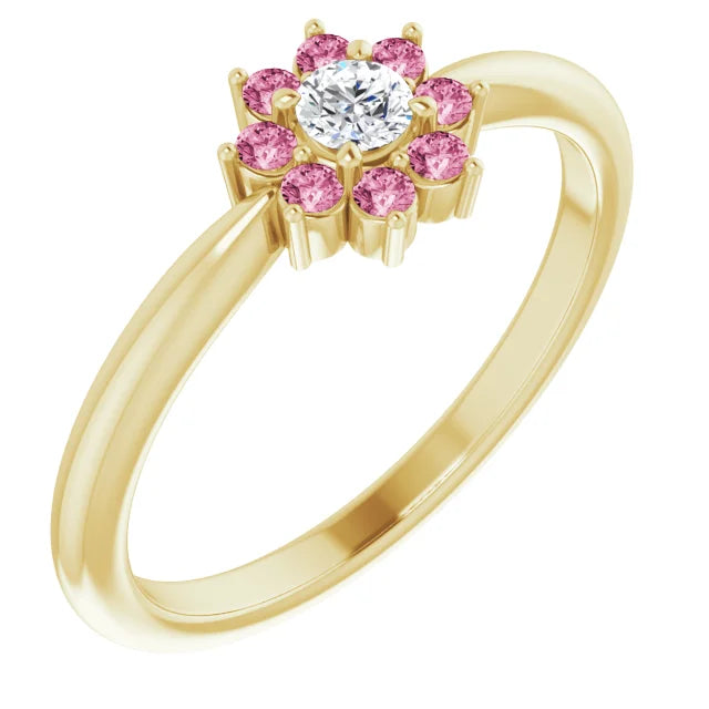 14K Yellow Gold Pink Tourmaline & .06 CT Diamond Flower Ring