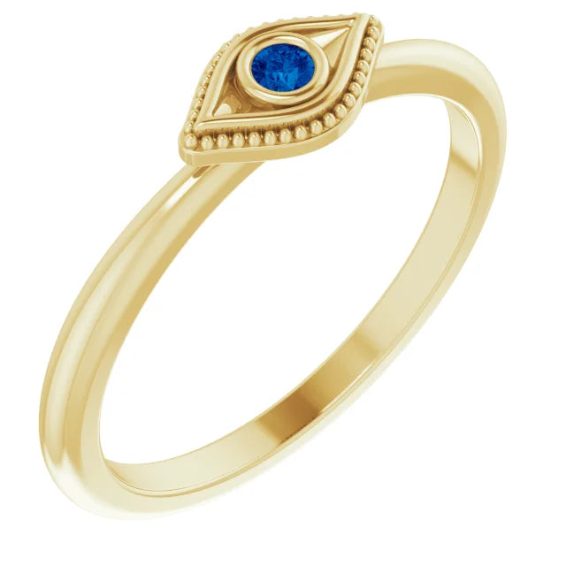 14K Yellow Gold Lab-Grown Blue Sapphire Stackable Evil Eye Ring