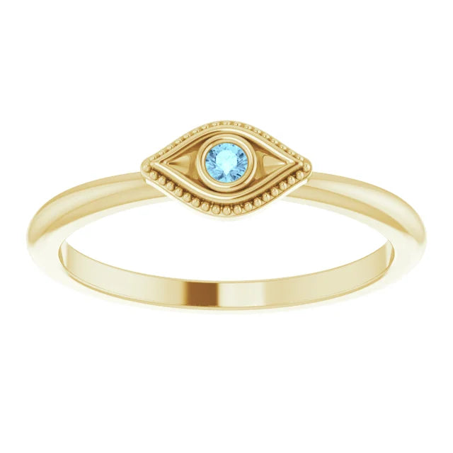 14K Yellow Gold Natural Aquamarine Stackable Evil Eye Ring