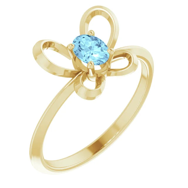 14K Yellow Gold 4x3 mm Oval March Youth Butterfly Birthstone Ring
