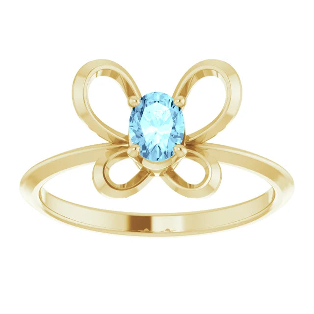 14K Yellow Gold 4x3 mm Oval March Youth Butterfly Birthstone Ring