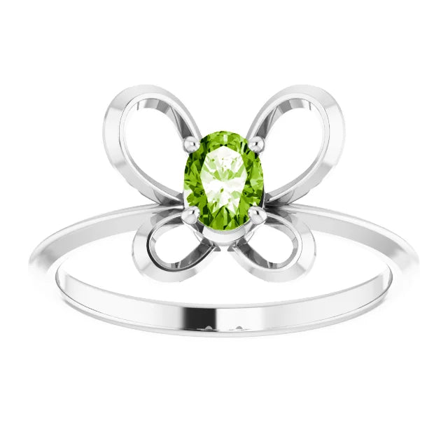 14K White Gold 4x3 mm Oval August Youth Butterfly Birthstone Ring