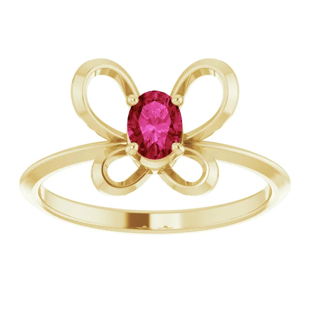 14K Yellow Gold 4x3 mm Oval July Youth Butterfly Birthstone Ring