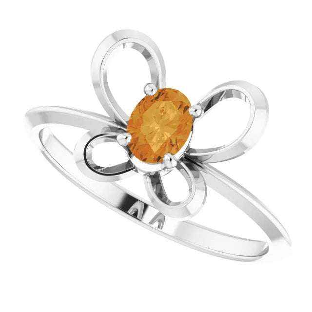 14K White Gold 4x3 mm Oval November Youth Butterfly Birthstone Ring