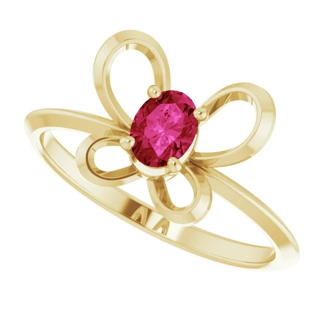 14K Yellow Gold 4x3 mm Oval July Youth Butterfly Birthstone Ring