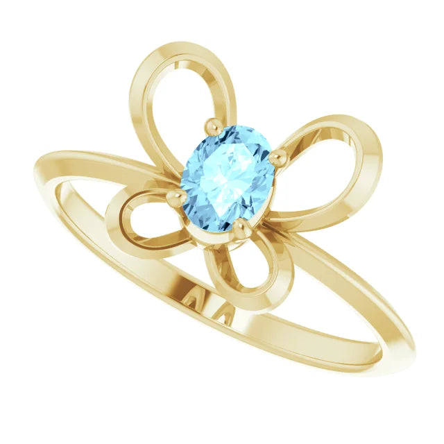 14K Yellow Gold 4x3 mm Oval March Youth Butterfly Birthstone Ring