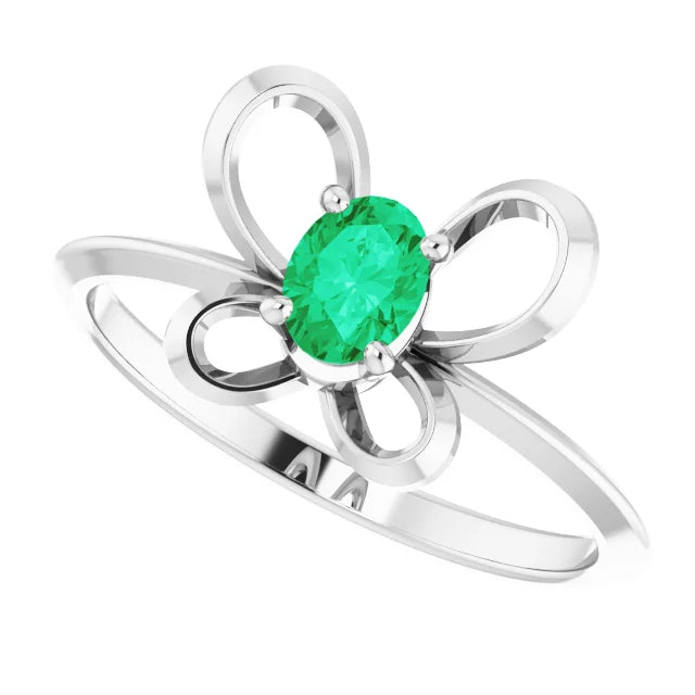 14K White Gold 4x3 mm Oval May Youth Butterfly Birthstone Ring