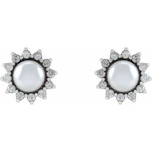 14K White Cultured White Akoya Pearl & 1/6 CTW Natural Diamond Halo-Style Earrings