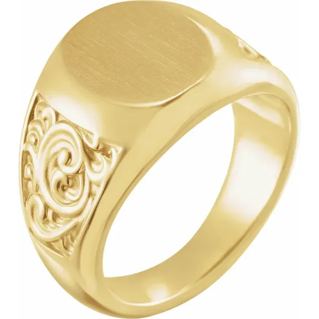 14K Yellow Gold 14x12 mm Scroll Signet Ring