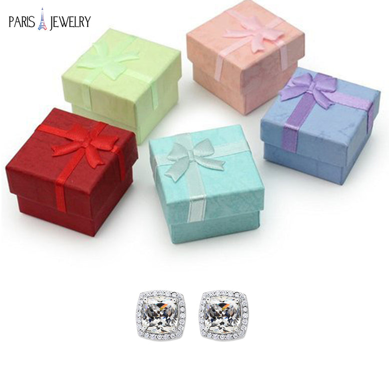 18k White Gold Plated 1 Ct Created Halo Princess CZ Cut White Sapphire Stud Earrings