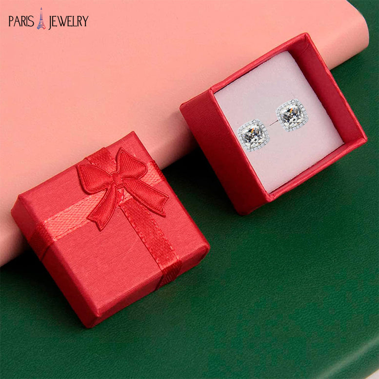 18k White Gold Plated 1 Ct Created Halo Princess CZ Cut White Sapphire Stud Earrings