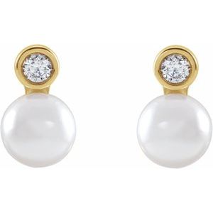 14K Yellow Cultured White Akoya Pearl & .06 CTW Natural Diamond Earrings