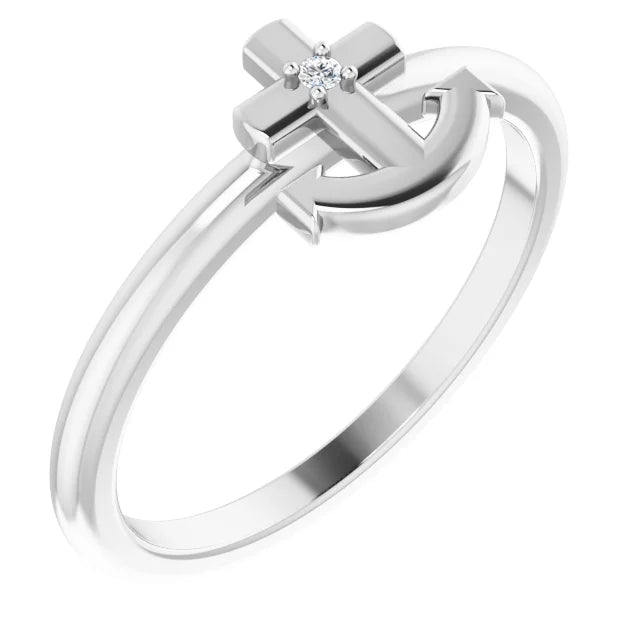 14K White Gold .01 CT Natural Diamond Cross Anchor Ring