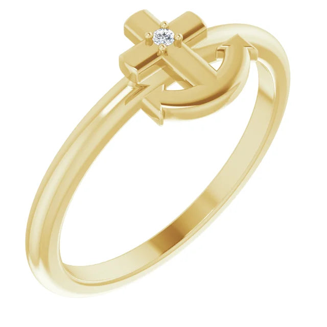 14K Yellow Gold .01 CT Natural Diamond Cross Anchor Ring