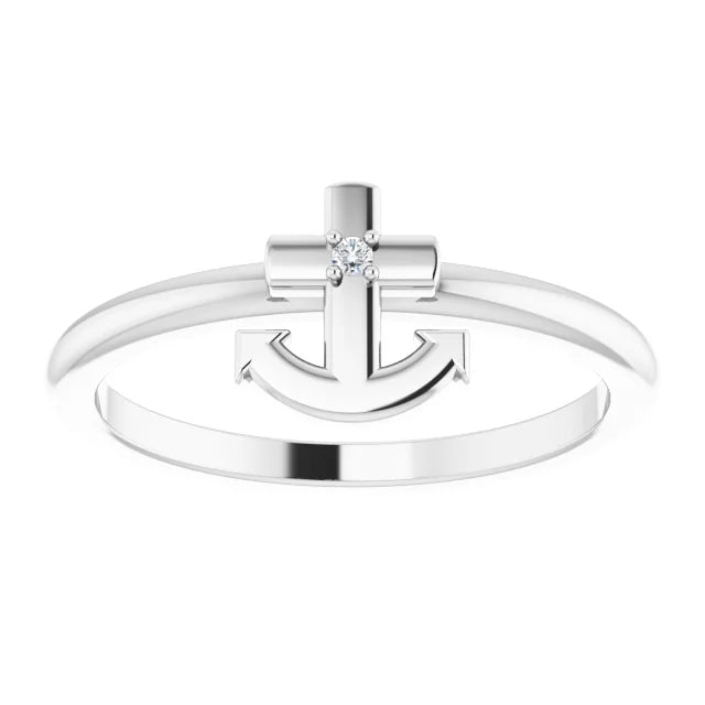 14K White Gold .01 CT Natural Diamond Cross Anchor Ring