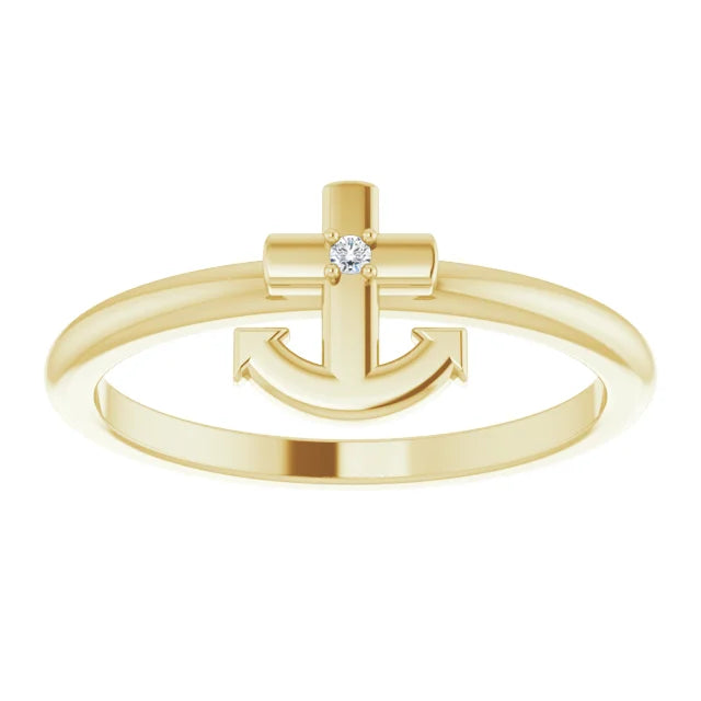 14K Yellow Gold .01 CT Natural Diamond Cross Anchor Ring