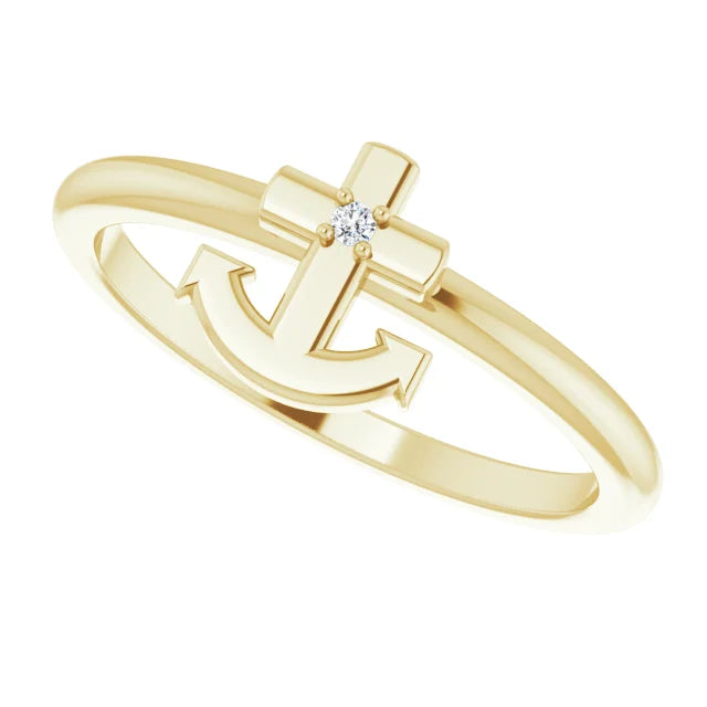 14K Yellow Gold .01 CT Natural Diamond Cross Anchor Ring
