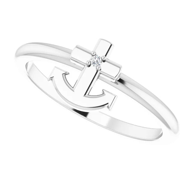 14K White Gold .01 CT Natural Diamond Cross Anchor Ring