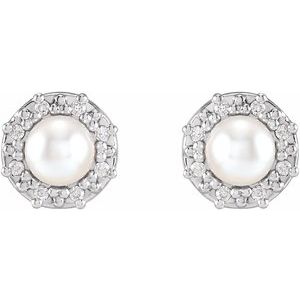 14K White Gold .07 CTW Natural Diamond Semi-Set Halo-Style Earrings for 4-4.5mm Pearl