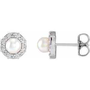 14K White Gold Cultured White Akoya Pearl & .07 CTW Natural Diamond Halo-Style Earrings