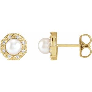 14K Yellow Gold Cultured White Akoya Pearl & .07 CTW Natural Diamond Halo-Style Earrings