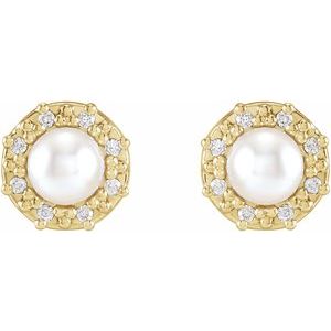14K Yellow Gold Cultured White Akoya Pearl & .07 CTW Natural Diamond Halo-Style Earrings