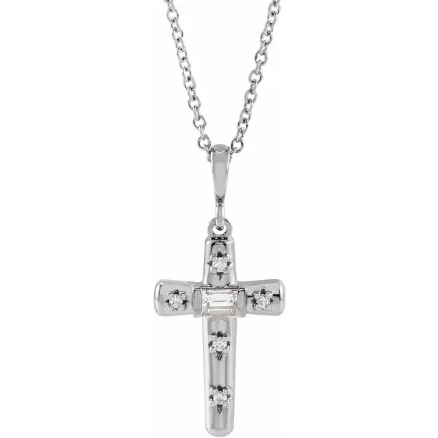 14K White Gold Straight Baguette .02 CTW Natural Diamond Semi-Set Cross 18" Necklace