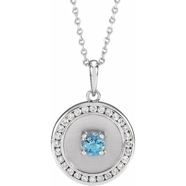14K White Gold Natural Aquamarine & 1/4 CTW Natural Diamond Disc 16-18" Necklace