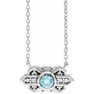 14K White Gold Natural Aquamarine & .03 CTW Natural Diamond Art Deco 18" Necklace