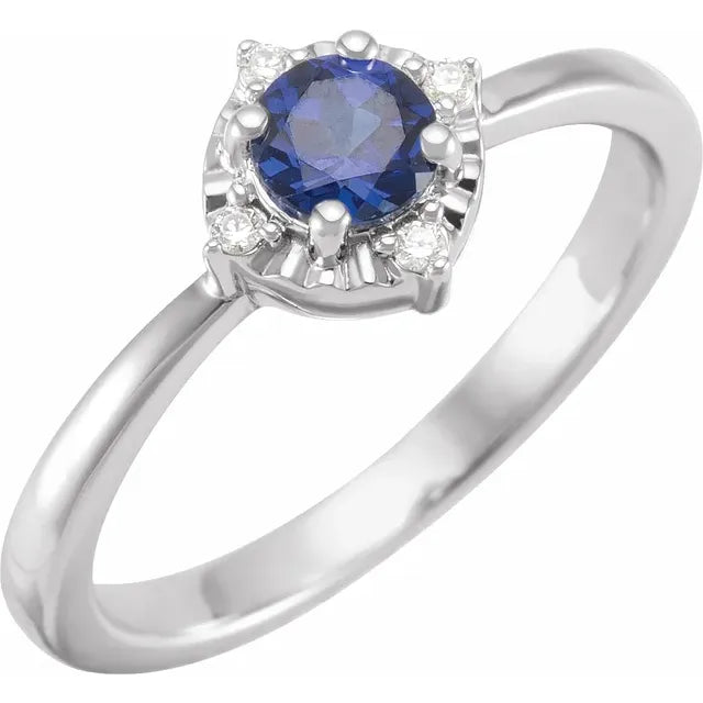 14K White Gold Lab-Grown Blue Sapphire & .04 CTW Natural Diamond Halo-Style Ring