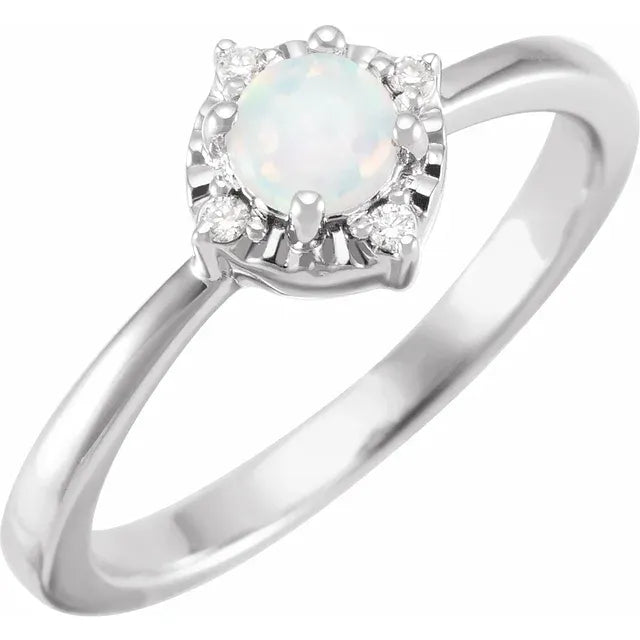 14K White Gold Lab-Grown White Opal & .04 CTW Natural Diamond Halo-Style Ring