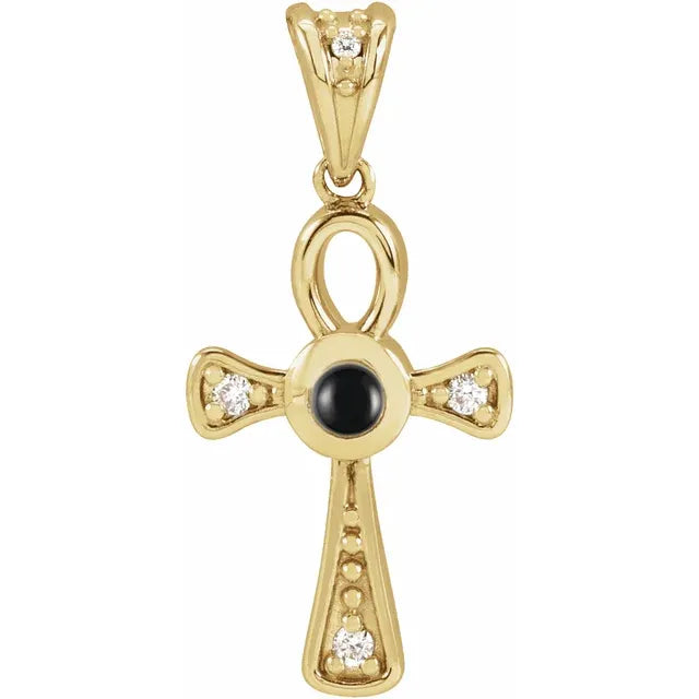 14K Yellow Gold Natural Black Onyx & .04 CTW Natural Diamond Ankh Cross Pendant