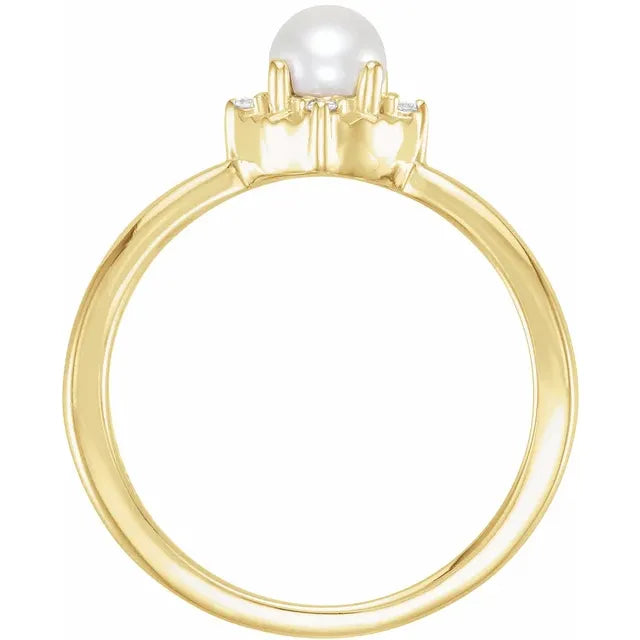 14K Yellow Gold Cultured White Freshwater Pearl & .04 CTW Natural Diamond Halo-Style Ring