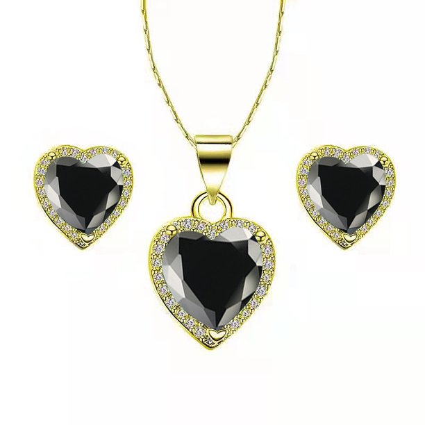 Paris Jewelry 14k Yellow Gold Heart 2 Ct Created Black Sapphire CZ Full Set Necklace 18 inch Plated