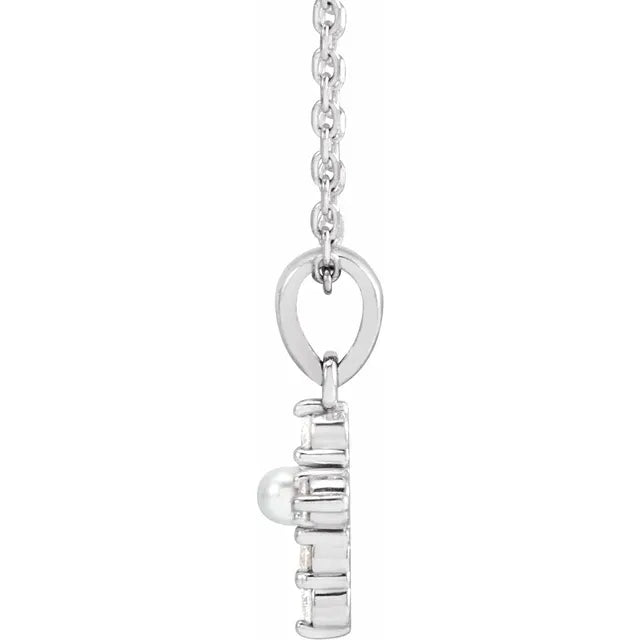 14K White Gold Cultured White Seed Pearl & .07 CTW Natural Diamond Cross 16-18" Necklace