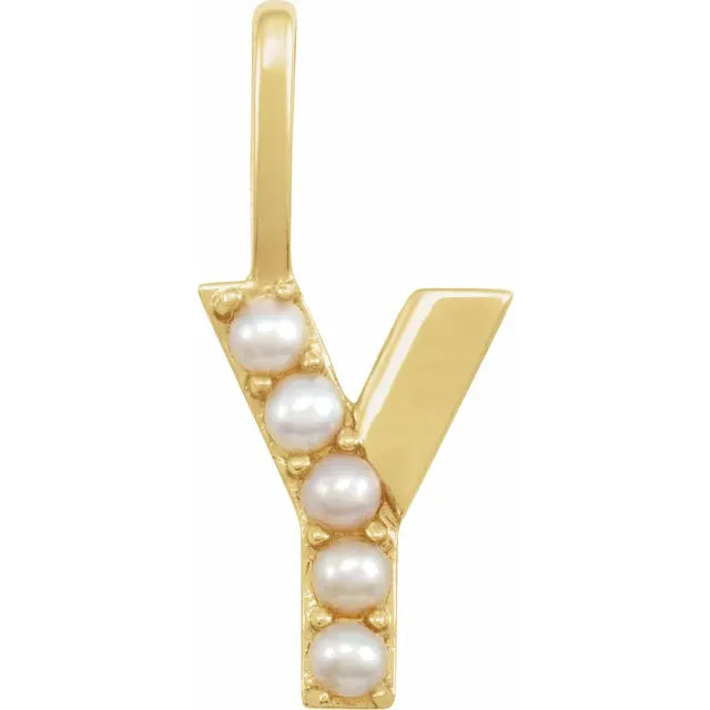 14K Yellow Gold Cultured White Pearl Initial Y Charm/Pendant