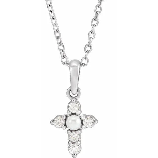 14K White Gold Cultured White Seed Pearl & .07 CTW Natural Diamond Cross 16-18" Necklace