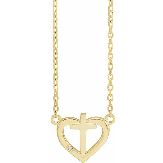 14K Yellow Gold .0025 CT Natural Diamond Heart & Cross 18" Necklace